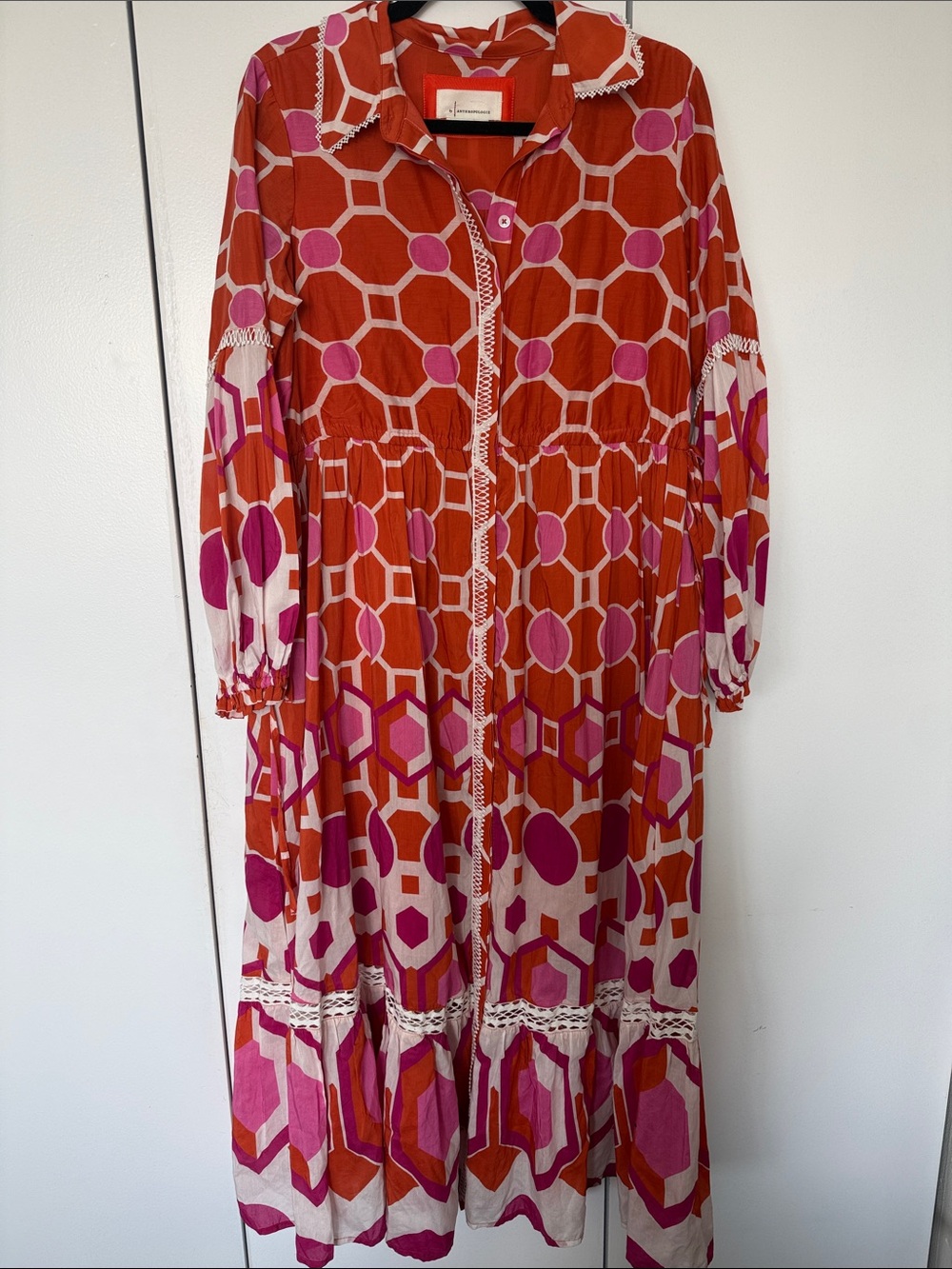 Anthropologie Orange & Pink Geometric Button-Front Dress
